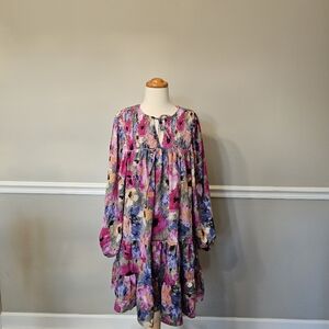 Entro Floral Tiered Mini Dress Pink Orange Boho Large